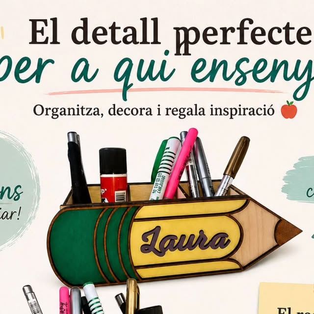 Portalápices de madera con forma de lápiz y nombre Laura